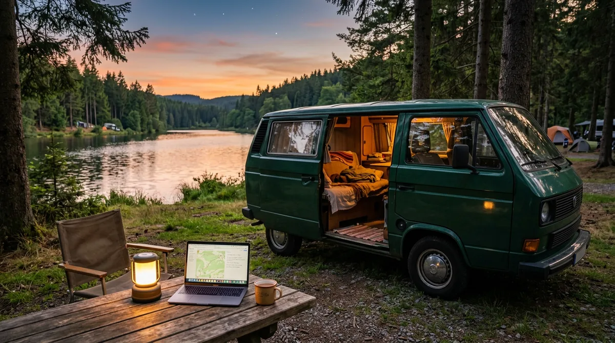 DJI Power 500 Powerstation beim Camping: Stellplatz im Abendlicht mit mobiler Stromversorgung (Symbolbild)