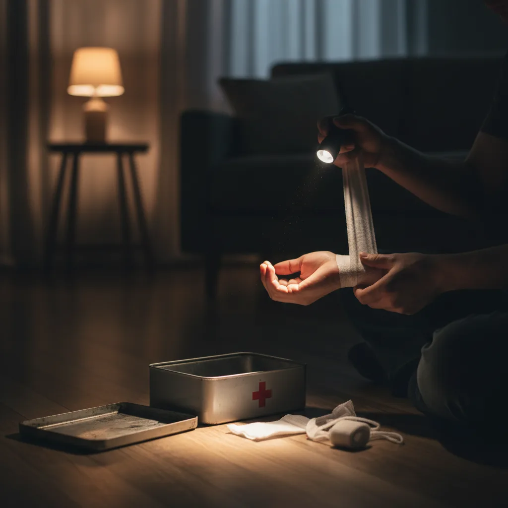 Ein Notfall-Verbandskasten, unerlässlich für Erste Hilfe während eines Stromausfalls.