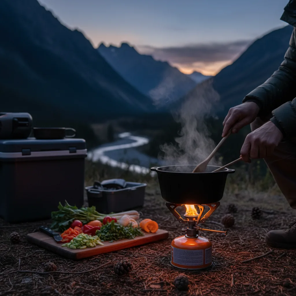 Der Campingaz Camp Bistro 3 Gaskocher im Einsatz beim Kochen ohne Strom für Outdoor und Notfälle.