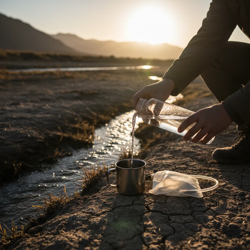 Der Katadyn BeFree Wasserfilter bei der Aufbereitung von sauberem Trinkwasser in einer Krisensituation.